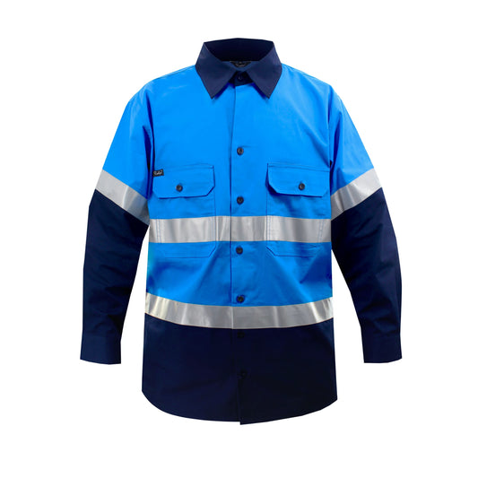 Custom blue high-visibility work shirt with reflective strips, customizable for industrial uniforms.