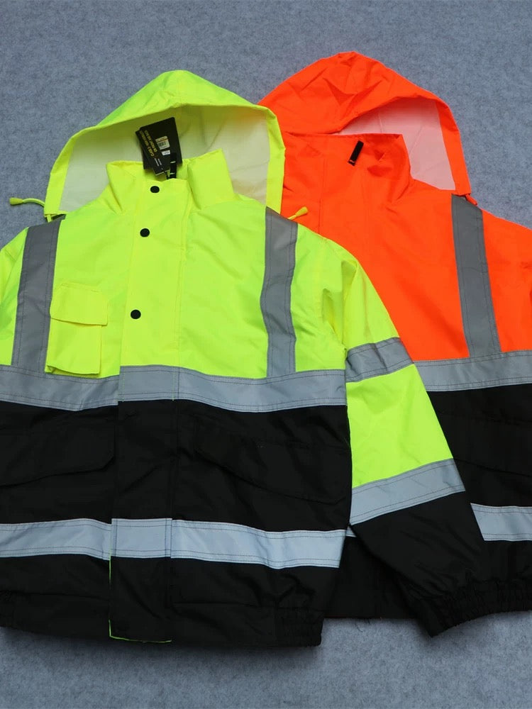 Custom winter hi-vis padded work jacket in yellow and orange, showing color options and reflective strip design.