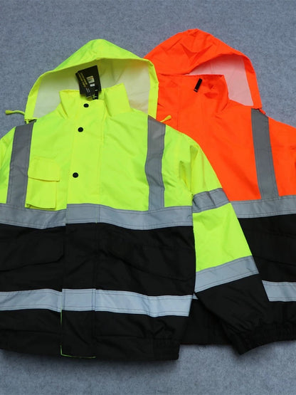 Custom winter hi-vis padded work jacket in yellow and orange, showing color options and reflective strip design.