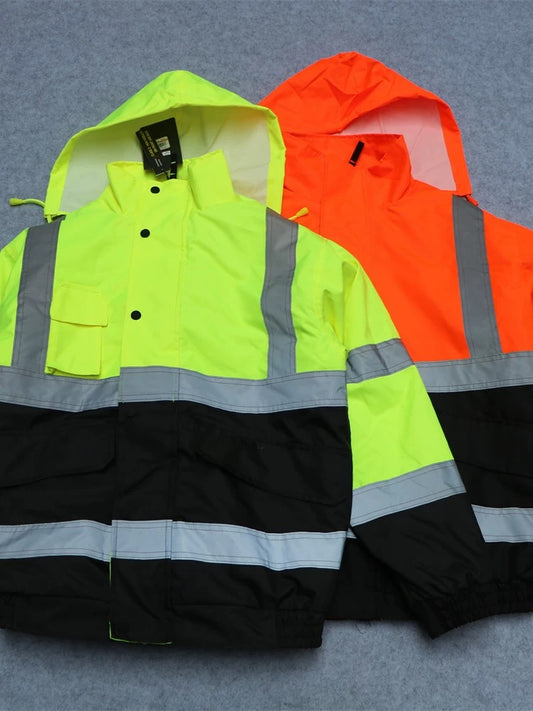 Custom winter hi-vis padded work jacket in yellow and orange, showing color options and reflective strip design.
