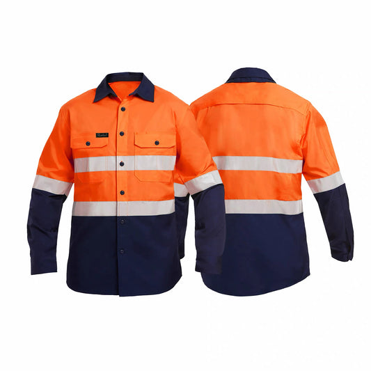 Custom orange hi-vis reflective work shirt, front and back view, safety uniform for construction workers.	