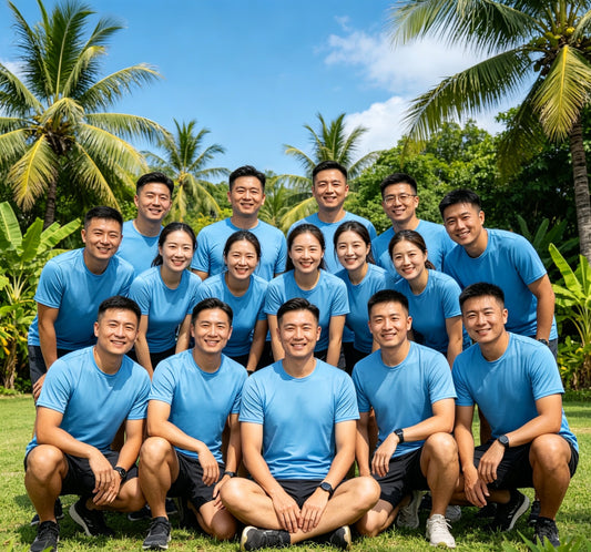 quick dry t-shirts, outdoor company team building gathering in tropical Southeast Asia, breathable work uniform polo tee for staff