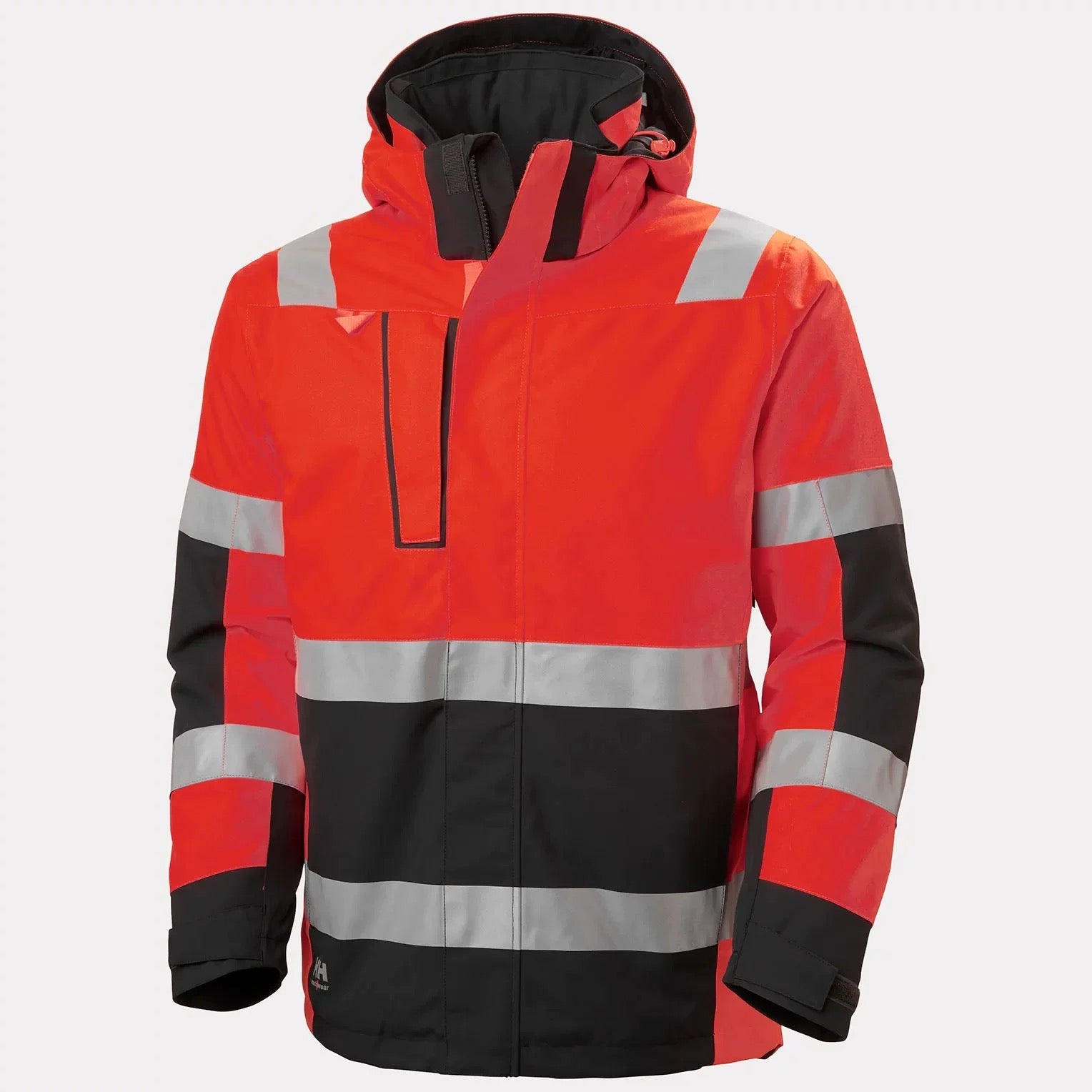 Custom red-orange hi-vis padded safety jacket with reflective strips, front view showing design and reflective pattern.