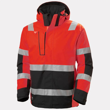 Custom red-orange hi-vis padded safety jacket with reflective strips, front view showing design and reflective pattern.