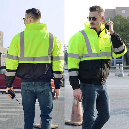 Custom winter hi-vis padded safety jacket with reflective strips, front and back view, by Chengxin Workwear.