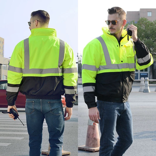 Custom winter hi-vis padded safety jacket with reflective strips, front and back view, by Chengxin Workwear.