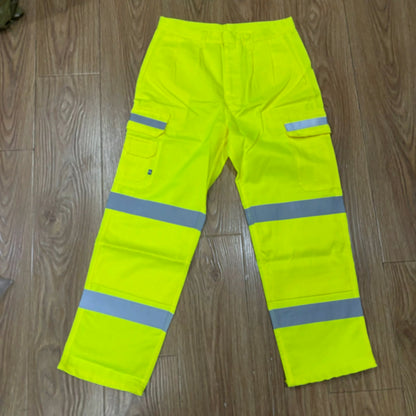 Yellow high visibility work pants with multi-reflective strips and cargo pockets for construction safety
