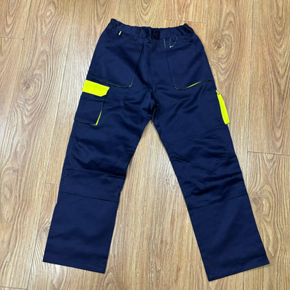 Navy blue work pants with neon yellow accents and reflective safety strips for construction