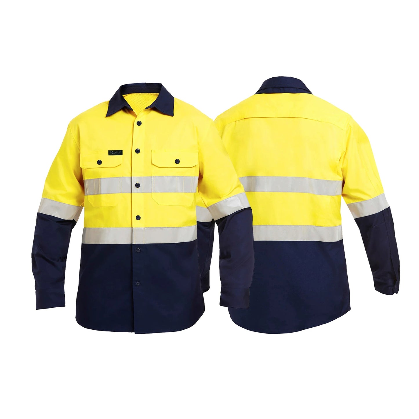 Custom yellow hi-vis work shirt with reflective strips, ideal for road and construction workwear.	