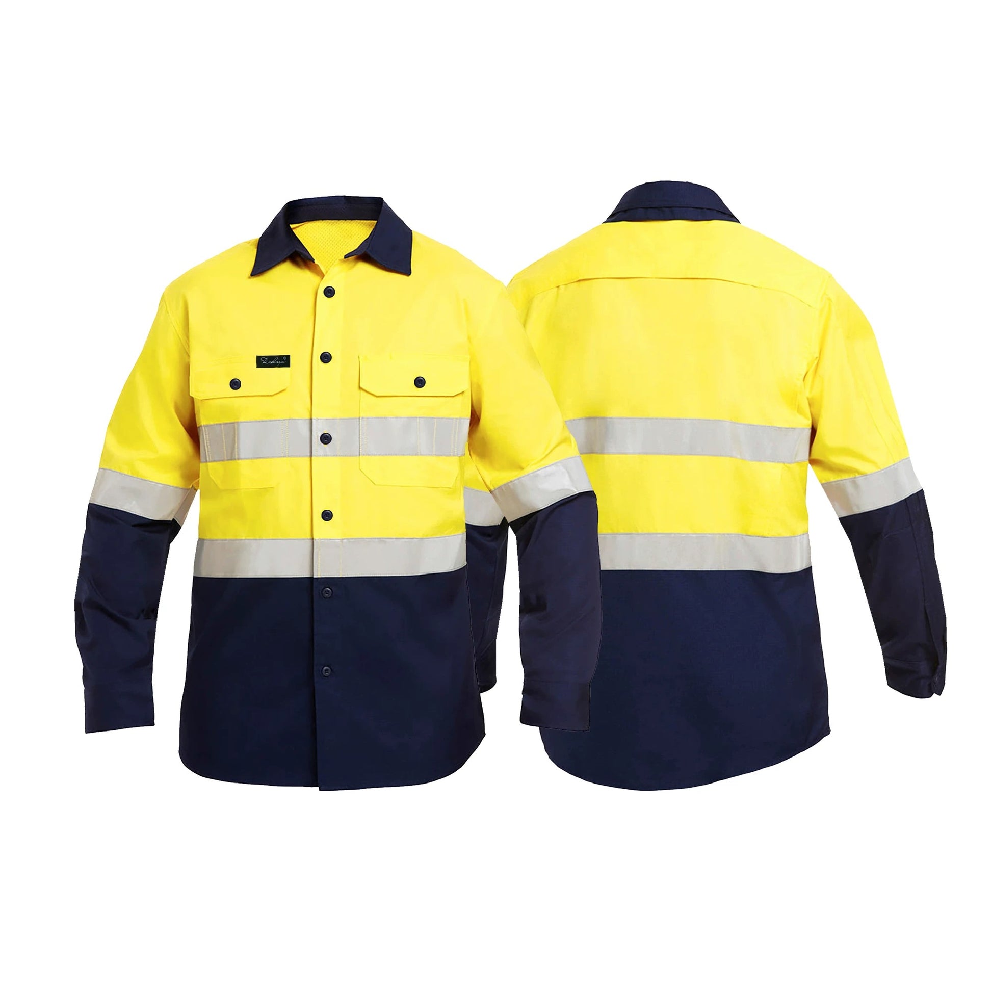 Custom yellow hi-vis work shirt with reflective strips, ideal for road and construction workwear.	