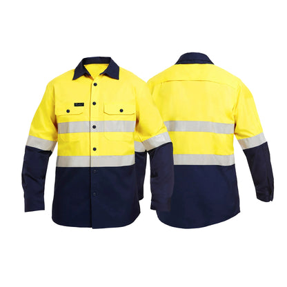 Custom yellow hi-vis work shirt with reflective strips, ideal for road and construction workwear.	
